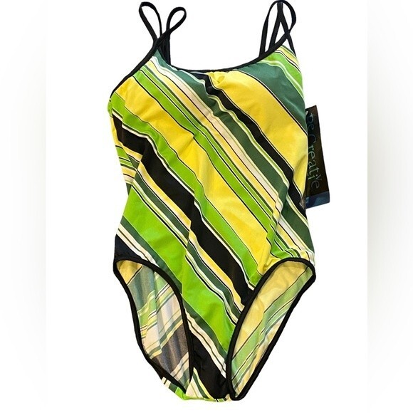 Be Creative Other - NWT women’s green stripe one piece swimsuit double straps size 12, Resortwear